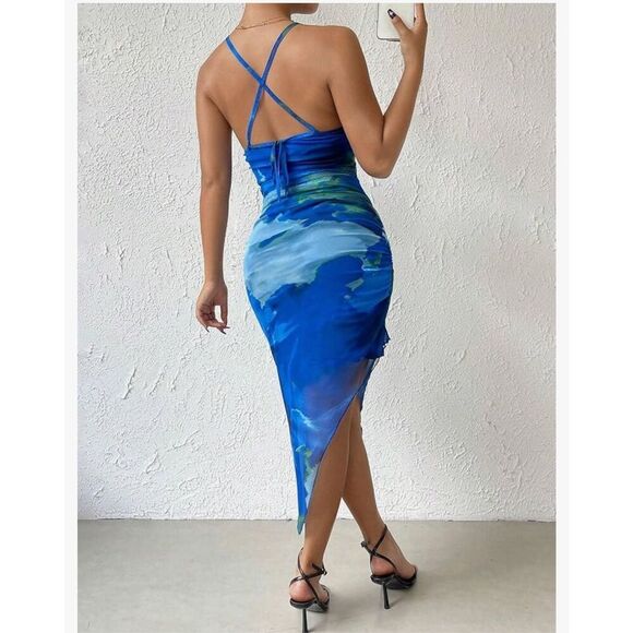 NEW Printed Bodycon Midi Cami Side Slit Mesh Layered Dress L 12/14 - Picture 2 of 7